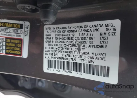 2016 Honda Cr-V Ex-L z USA, uszkodzony, nr VIN 2HKRM4H76GH677927